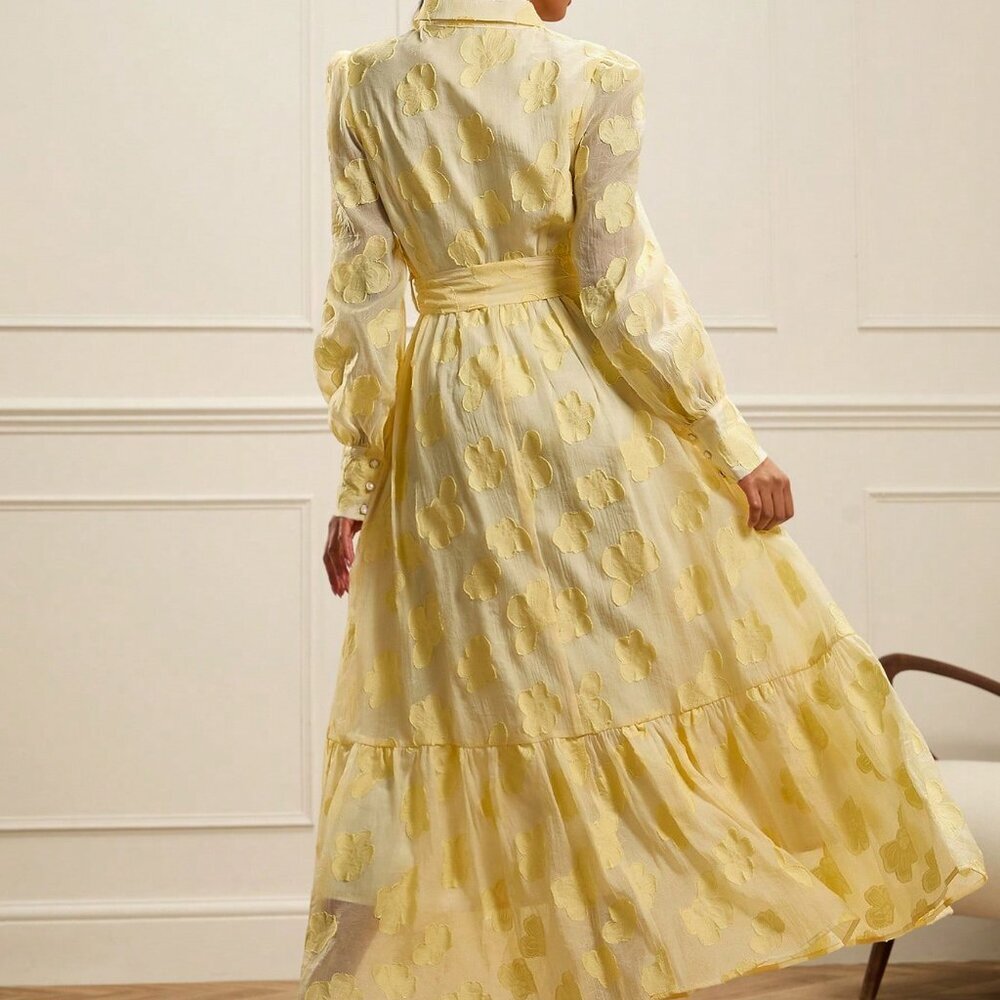 Pale Yellow Casual Womens Jacquard Chiffon Shirt Dress with Collar and Bow Waist - Picture 2 of 7